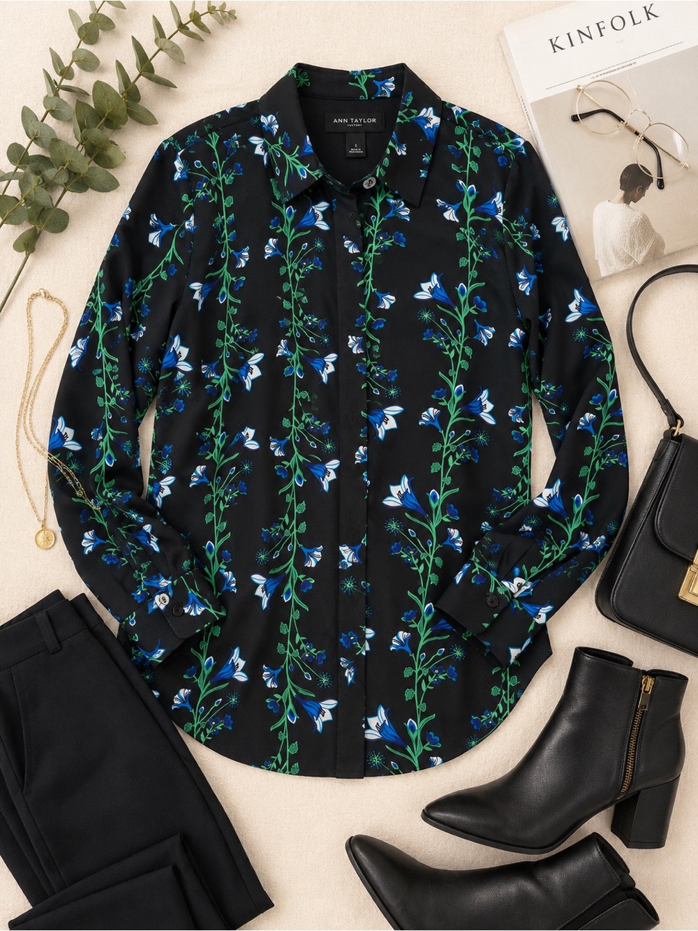 Ann Taylor Factory Floral Button Front Blouse Small Blue Green Floral Top